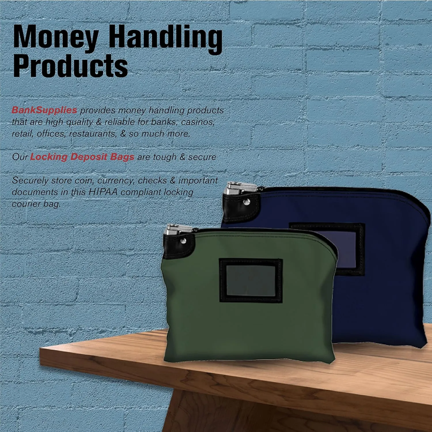 BankSupplies Laminated Nylon Locking Deposit Bags | Forest Green | 15W x 11H | Locking Courier Security Bank Cash Bag | Heavy-Duty Construction | Stores Coin, Currency, Checks & Documents