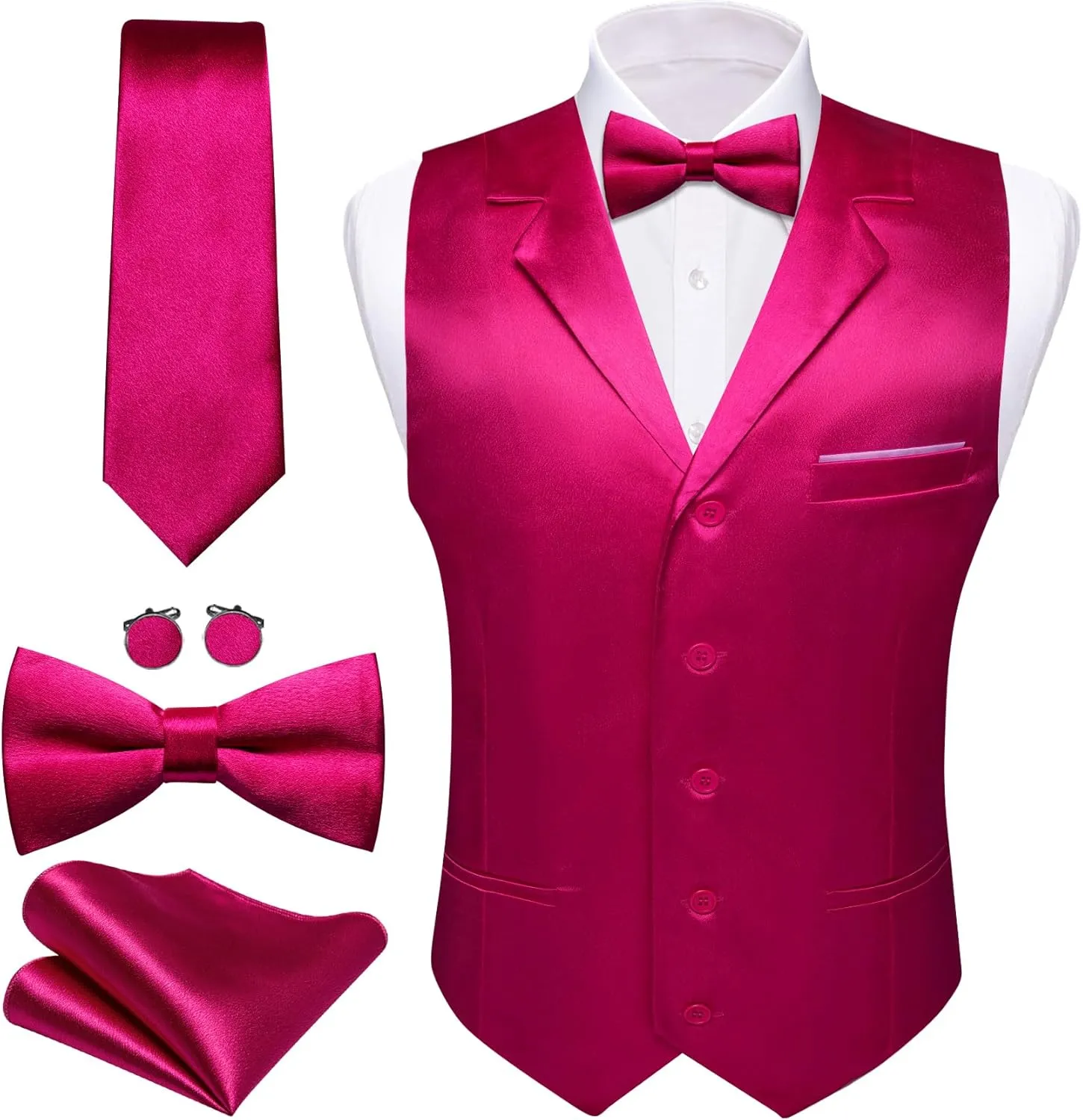 Barry.Wang Mens Satin Formal Suit Vest Tie Bowtie Set 8PC Lapel Collar Casual Slim Fit Waistcoat Wedding Party Tuxedo