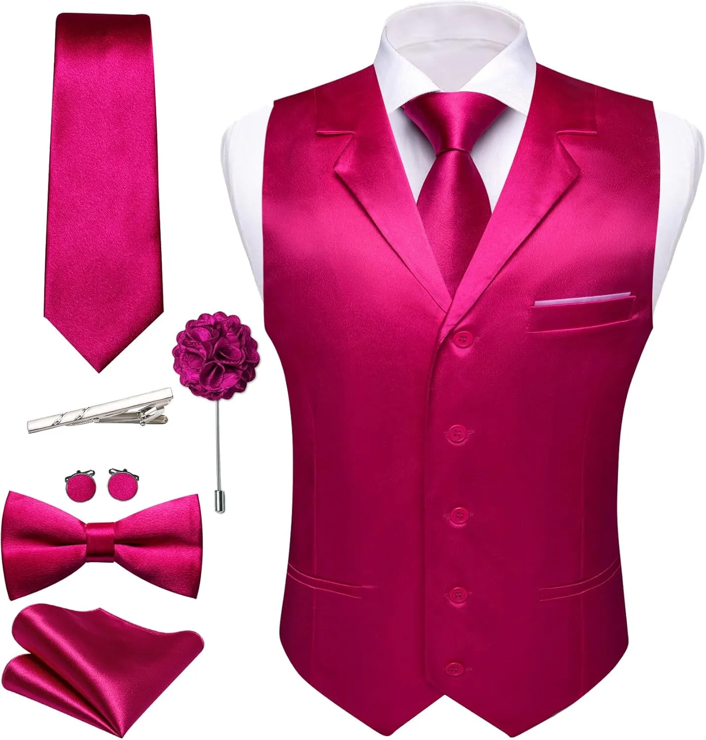 Barry.Wang Mens Satin Formal Suit Vest Tie Bowtie Set 8PC Lapel Collar Casual Slim Fit Waistcoat Wedding Party Tuxedo