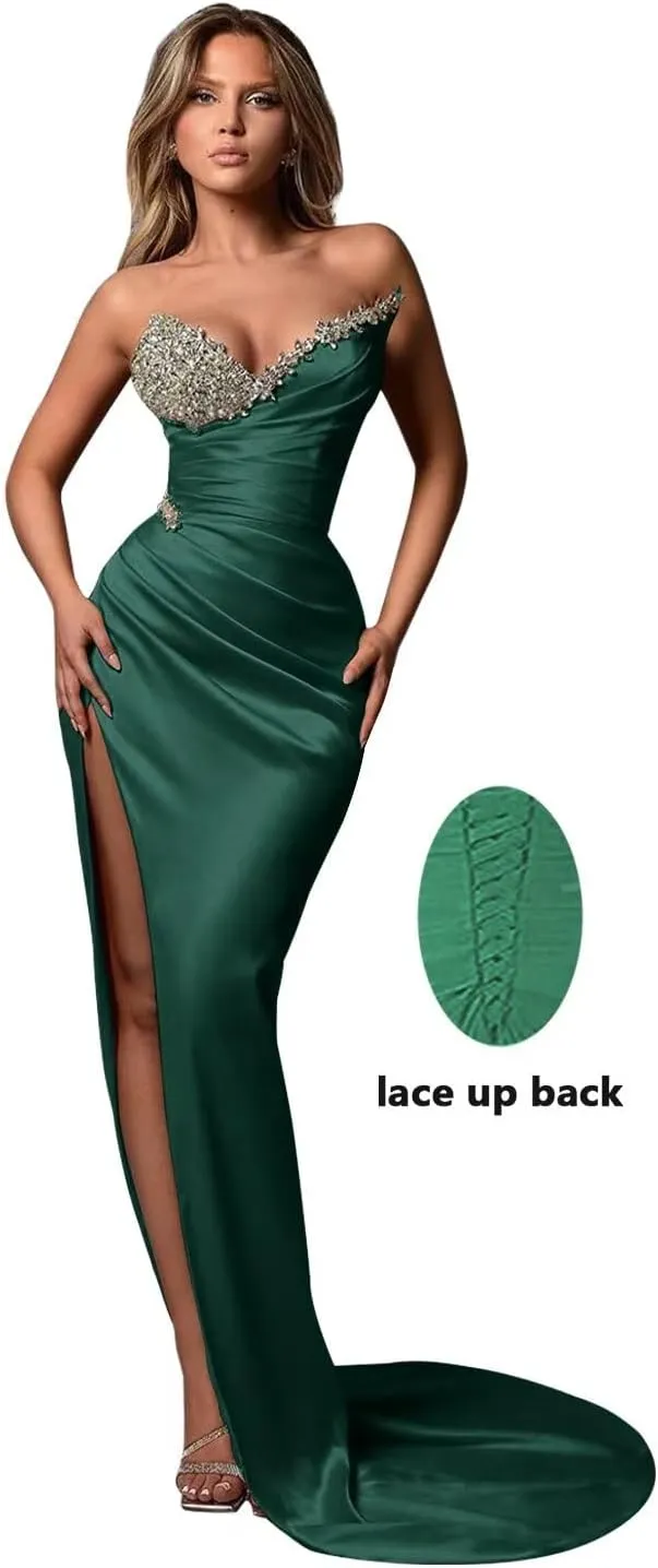 Beaded Mermaid Prom Dresses with Slit 2025 Strapless Satin Bridesmaid Dress for Women Formal Evening 887