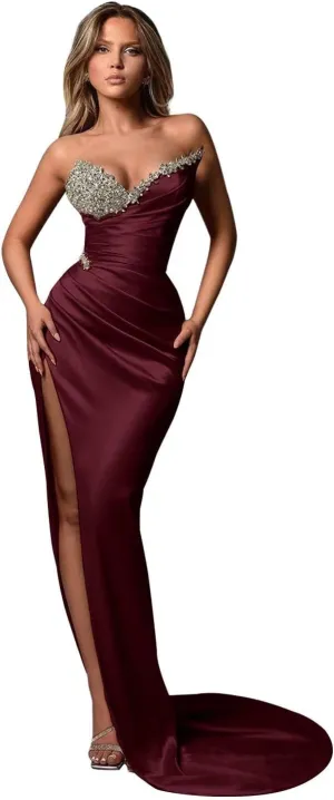 Beaded Mermaid Prom Dresses with Slit 2025 Strapless Satin Bridesmaid Dress for Women Formal Evening 887