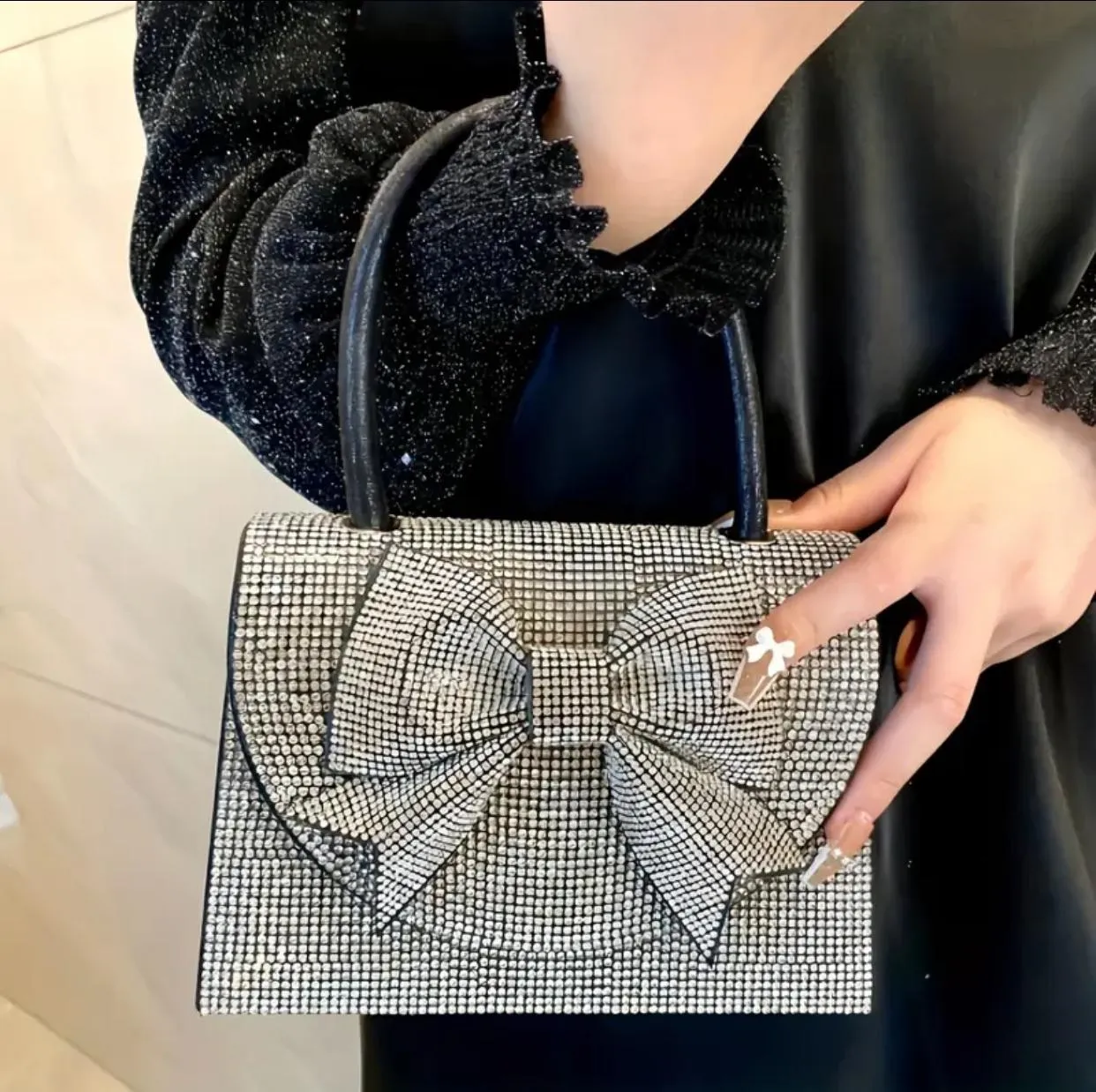 Bedazzled Square Top Handle Clutch Handbag with Bow