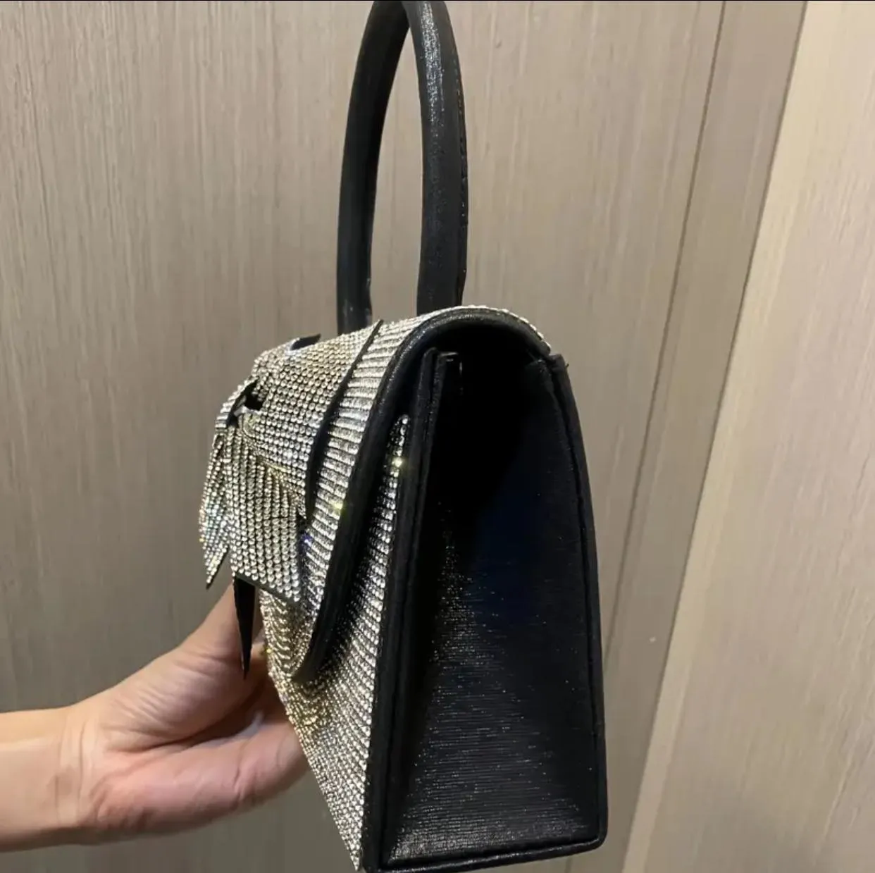 Bedazzled Square Top Handle Clutch Handbag with Bow