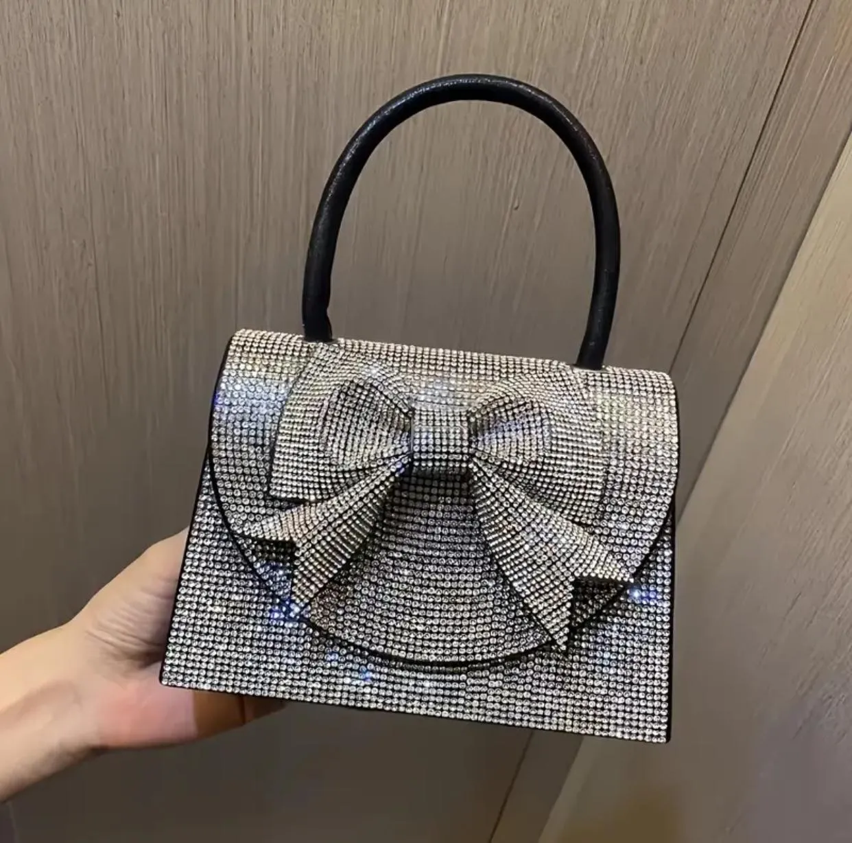Bedazzled Square Top Handle Clutch Handbag with Bow