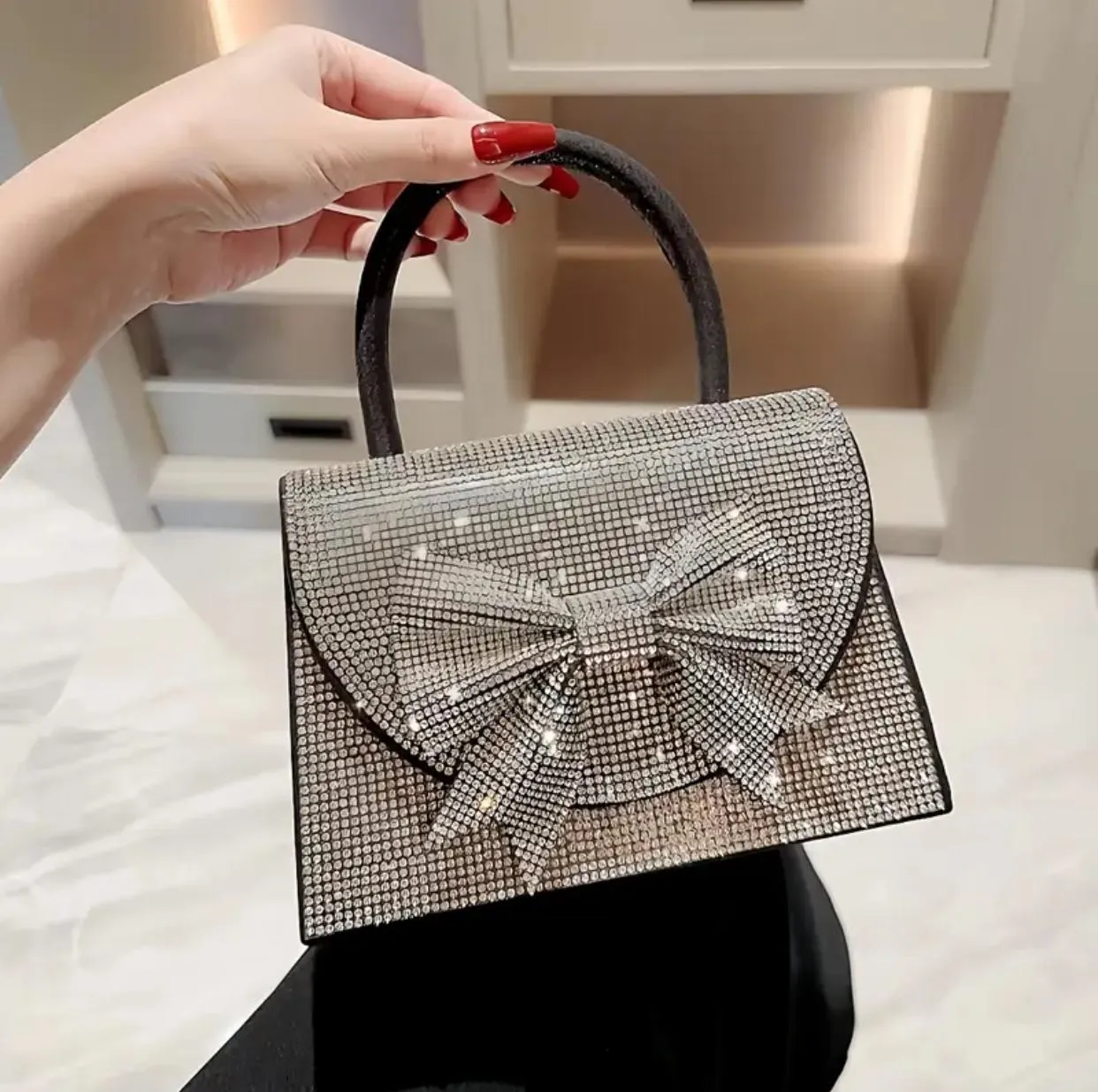 Bedazzled Square Top Handle Clutch Handbag with Bow