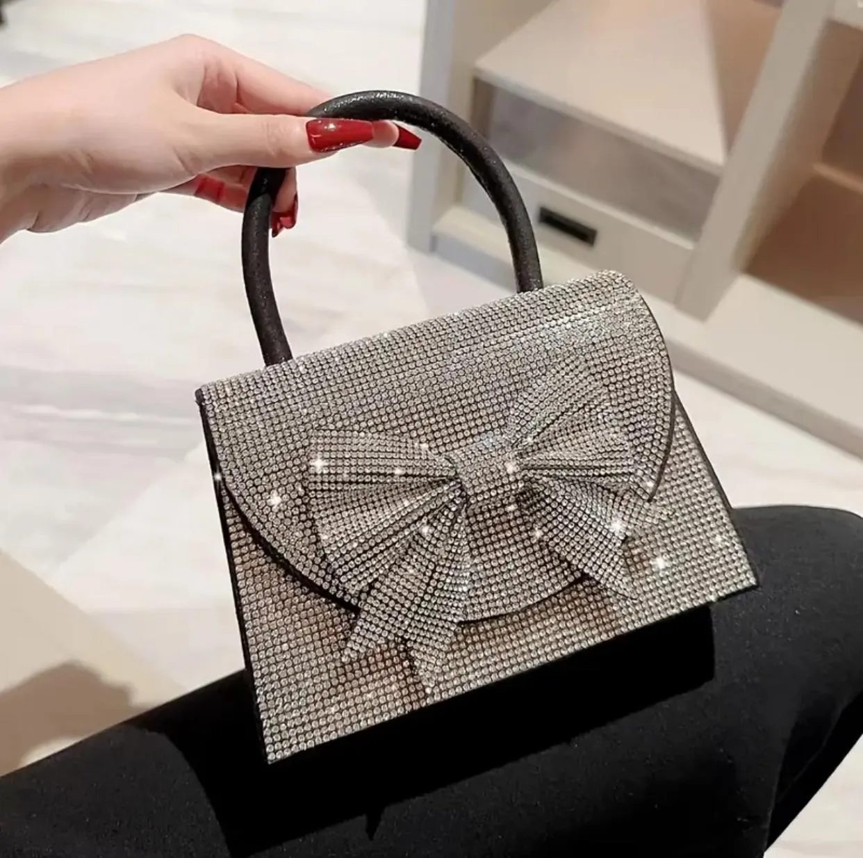 Bedazzled Square Top Handle Clutch Handbag with Bow