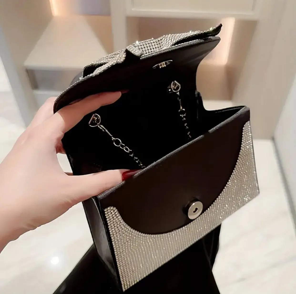 Bedazzled Square Top Handle Clutch Handbag with Bow