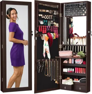 Best Choice Products LED Mirror Jewelry Cabinet, Tall Lockable Wall or Door Mounted Jewelry Armoire Organizer with Mirror, 2 Drawers, Lock, Cosmetic Tray, Shelves - Espresso