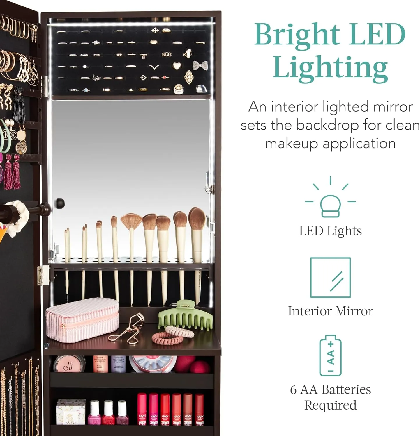 Best Choice Products LED Mirror Jewelry Cabinet, Tall Lockable Wall or Door Mounted Jewelry Armoire Organizer with Mirror, 2 Drawers, Lock, Cosmetic Tray, Shelves - Espresso