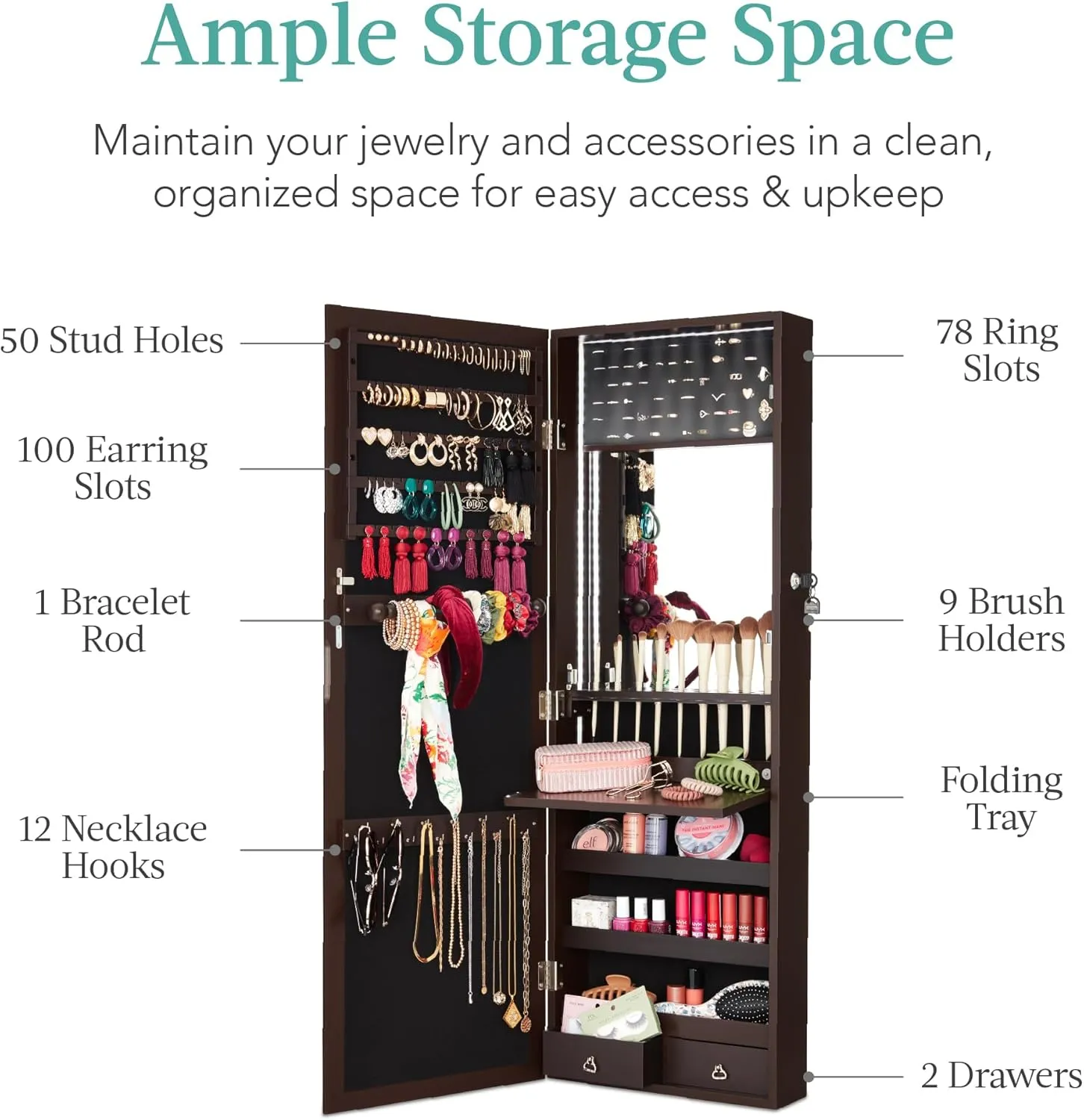 Best Choice Products LED Mirror Jewelry Cabinet, Tall Lockable Wall or Door Mounted Jewelry Armoire Organizer with Mirror, 2 Drawers, Lock, Cosmetic Tray, Shelves - Espresso