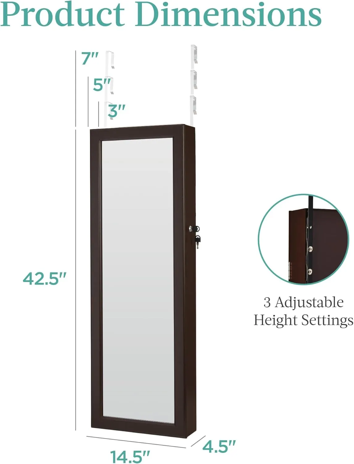 Best Choice Products LED Mirror Jewelry Cabinet, Tall Lockable Wall or Door Mounted Jewelry Armoire Organizer with Mirror, 2 Drawers, Lock, Cosmetic Tray, Shelves - Espresso