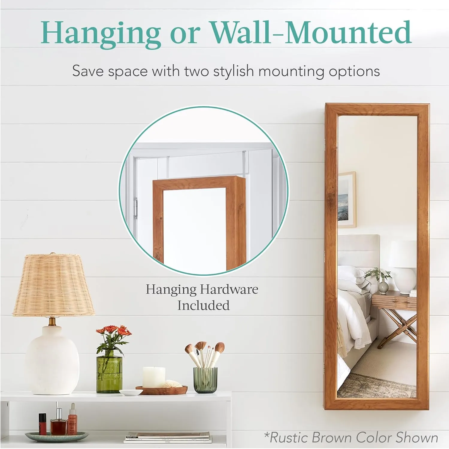 Best Choice Products LED Mirror Jewelry Cabinet, Tall Lockable Wall or Door Mounted Jewelry Armoire Organizer with Mirror, 2 Drawers, Lock, Cosmetic Tray, Shelves - Espresso