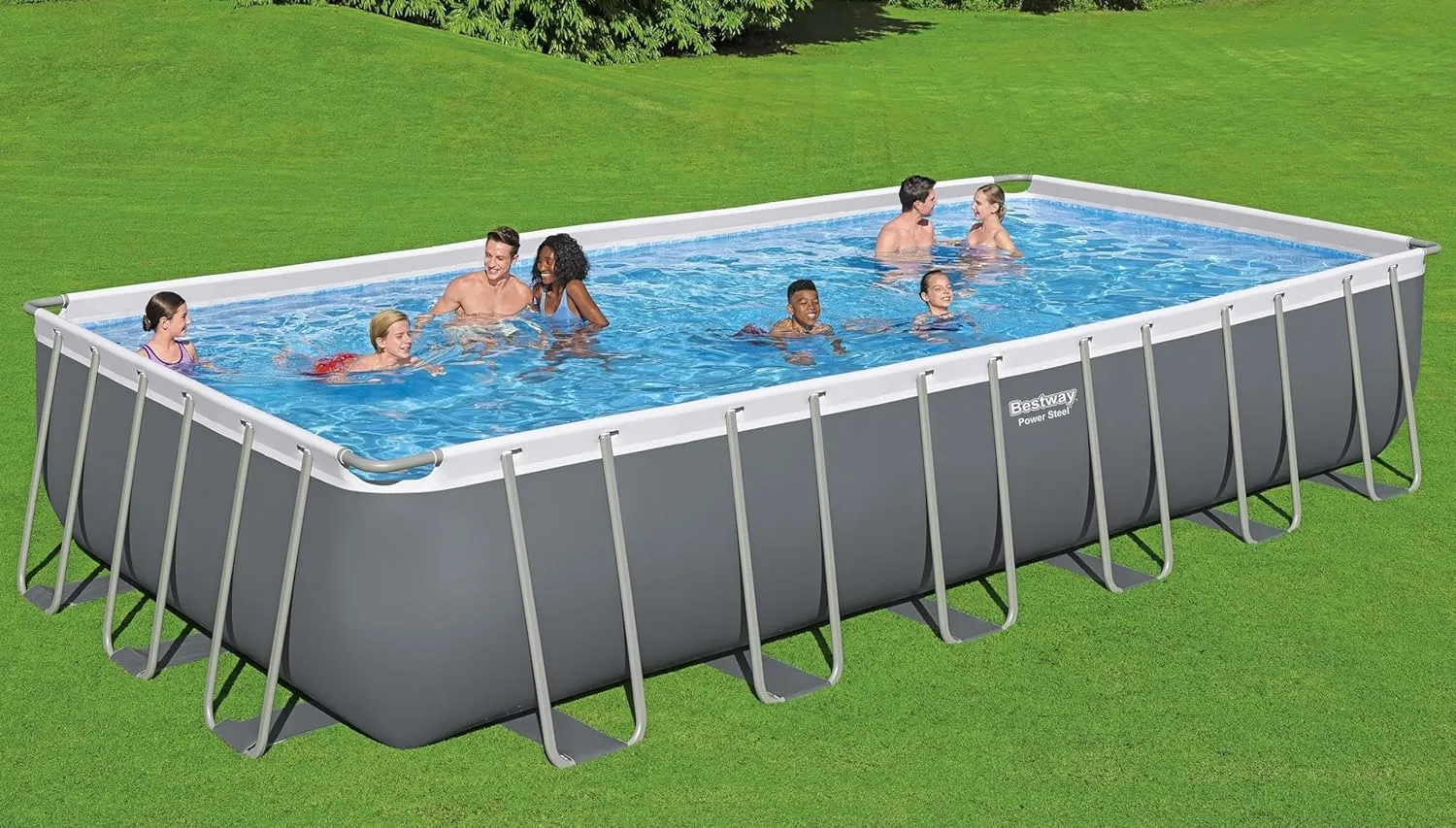 Bestway Power Steel 24' x 12' x 52" Rectangular Metal Frame Above Ground Swimming Pool Set with 1500 GPH Sand Filter Pump, Ladder, and Pool Cover