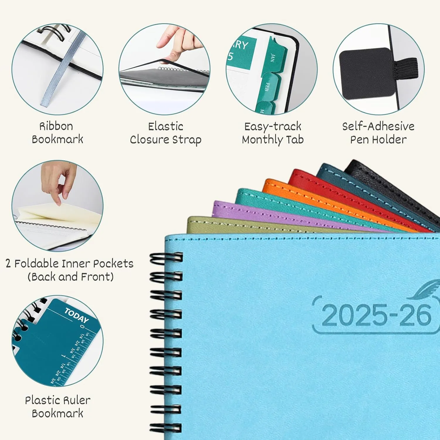 BEZEND 2 Year Monthly Planner 2025-2026 Medium Size 7" x 9" (Jan 2025 - Dec 2026) Spiral Calendar Book with Tabs, 120 GSM Thick Paper, Storage Pockets & Notes, PU Leather Softcover in Dark Green