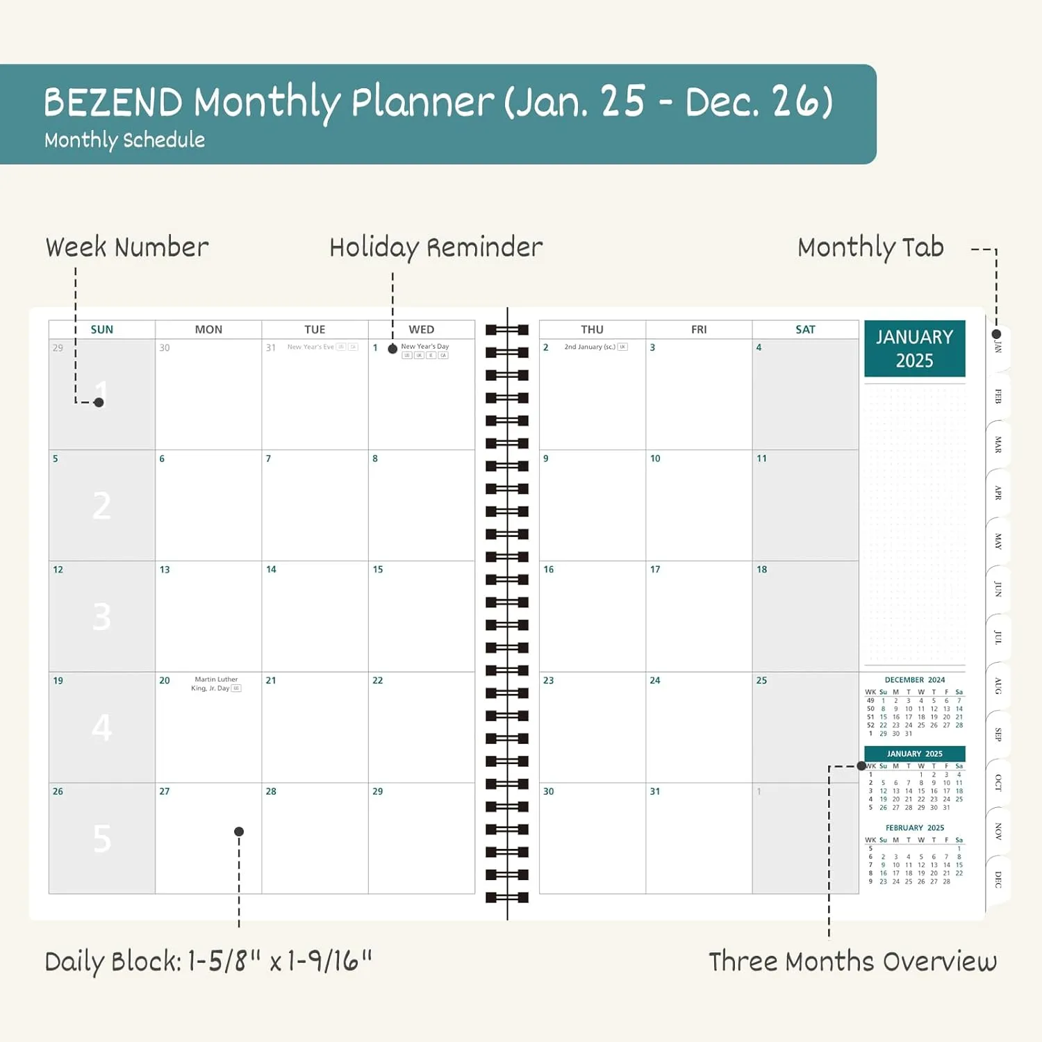 BEZEND 2 Year Monthly Planner 2025-2026 Medium Size 7" x 9" (Jan 2025 - Dec 2026) Spiral Calendar Book with Tabs, 120 GSM Thick Paper, Storage Pockets & Notes, PU Leather Softcover in Dark Green