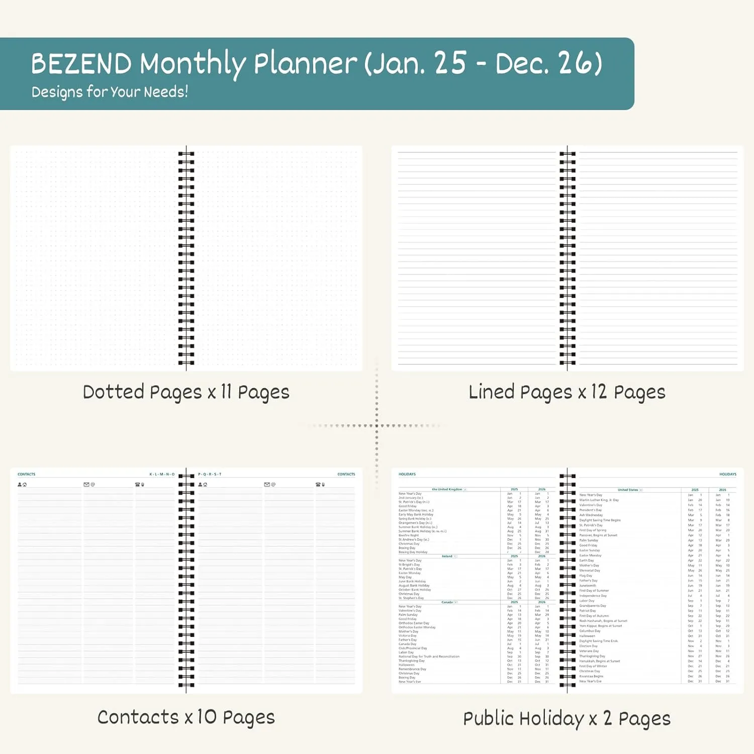 BEZEND 2 Year Monthly Planner 2025-2026 Medium Size 7" x 9" (Jan 2025 - Dec 2026) Spiral Calendar Book with Tabs, 120 GSM Thick Paper, Storage Pockets & Notes, PU Leather Softcover in Dark Green