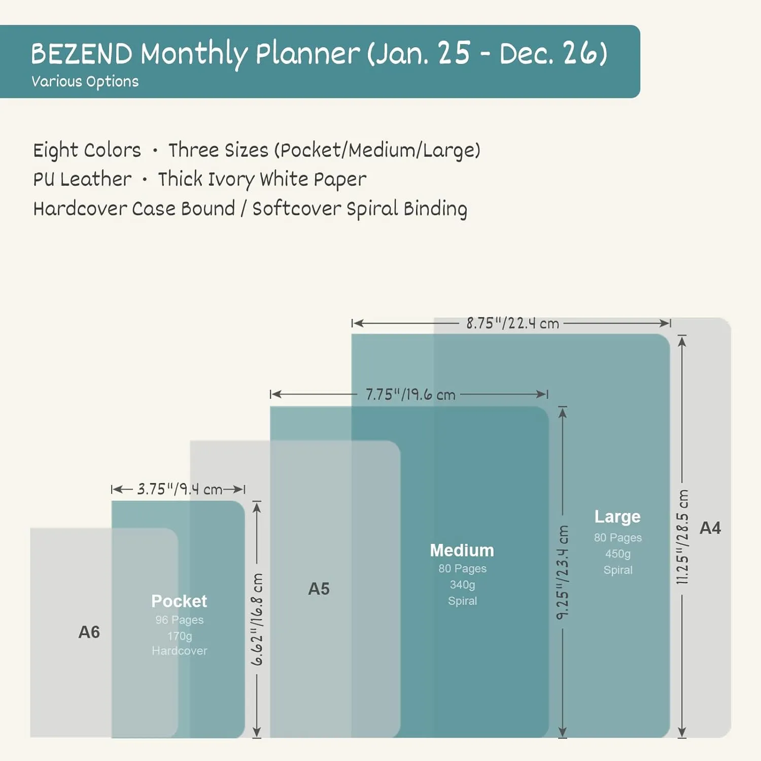 BEZEND 2 Year Monthly Planner 2025-2026 Medium Size 7" x 9" (Jan 2025 - Dec 2026) Spiral Calendar Book with Tabs, 120 GSM Thick Paper, Storage Pockets & Notes, PU Leather Softcover in Dark Green