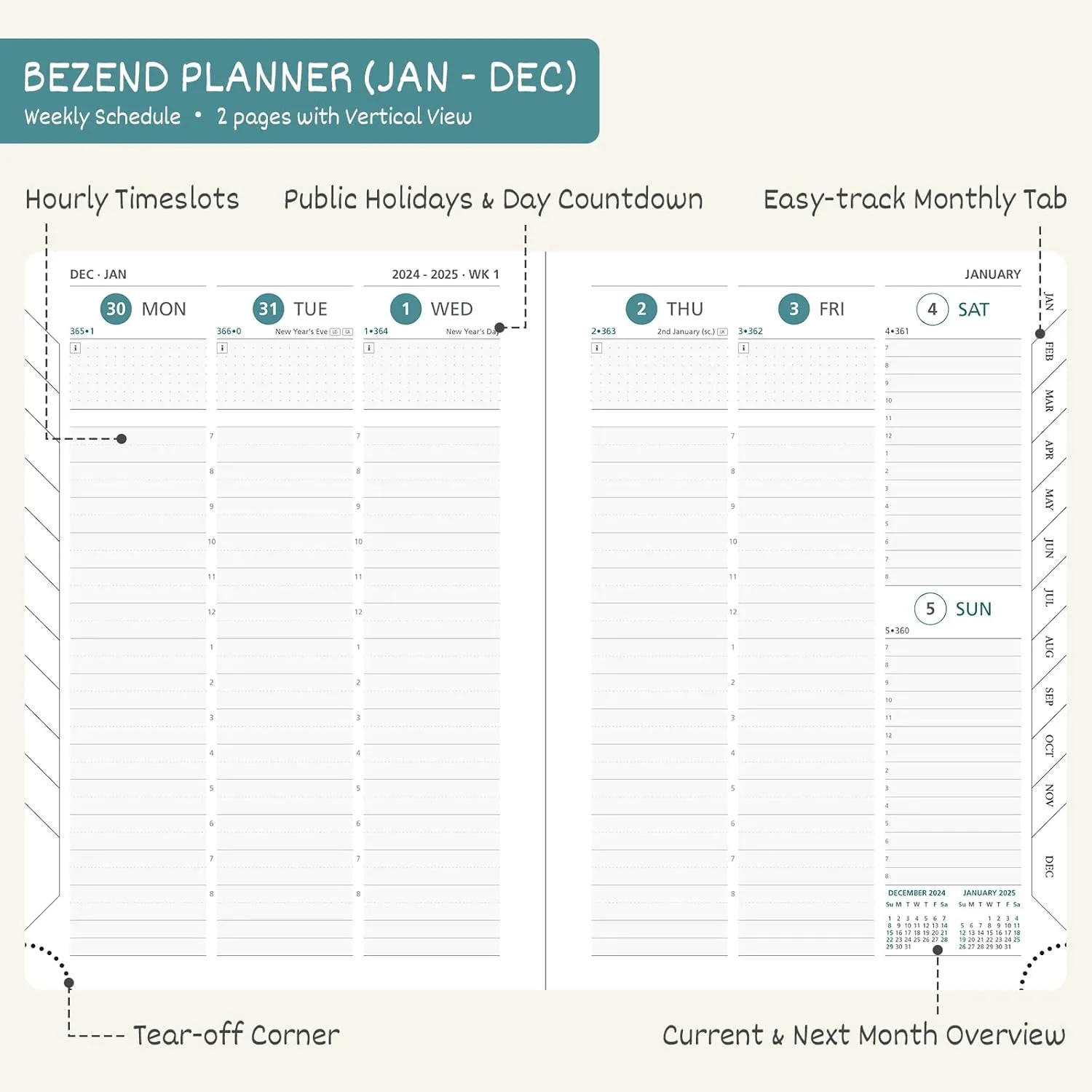 BEZEND 2025 Planner Daily Weekly & Monthly 8.5" x 11" (Jan - Dec 2025) Agenda 2025 Vertical Calendar Book with Hourly Schedule, Monthly Tabs, Pen Holder, Vegan Leather Hard Cover - Red
