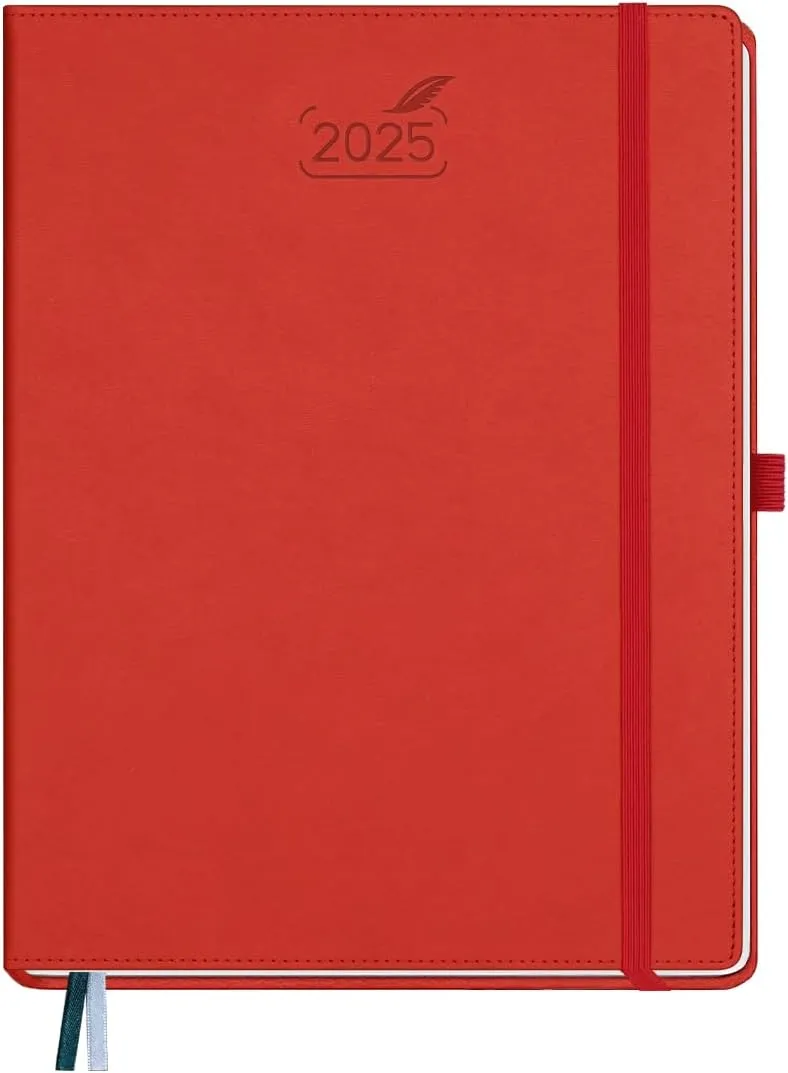 BEZEND 2025 Planner Daily Weekly & Monthly 8.5" x 11" (Jan - Dec 2025) Agenda 2025 Vertical Calendar Book with Hourly Schedule, Monthly Tabs, Pen Holder, Vegan Leather Hard Cover - Red