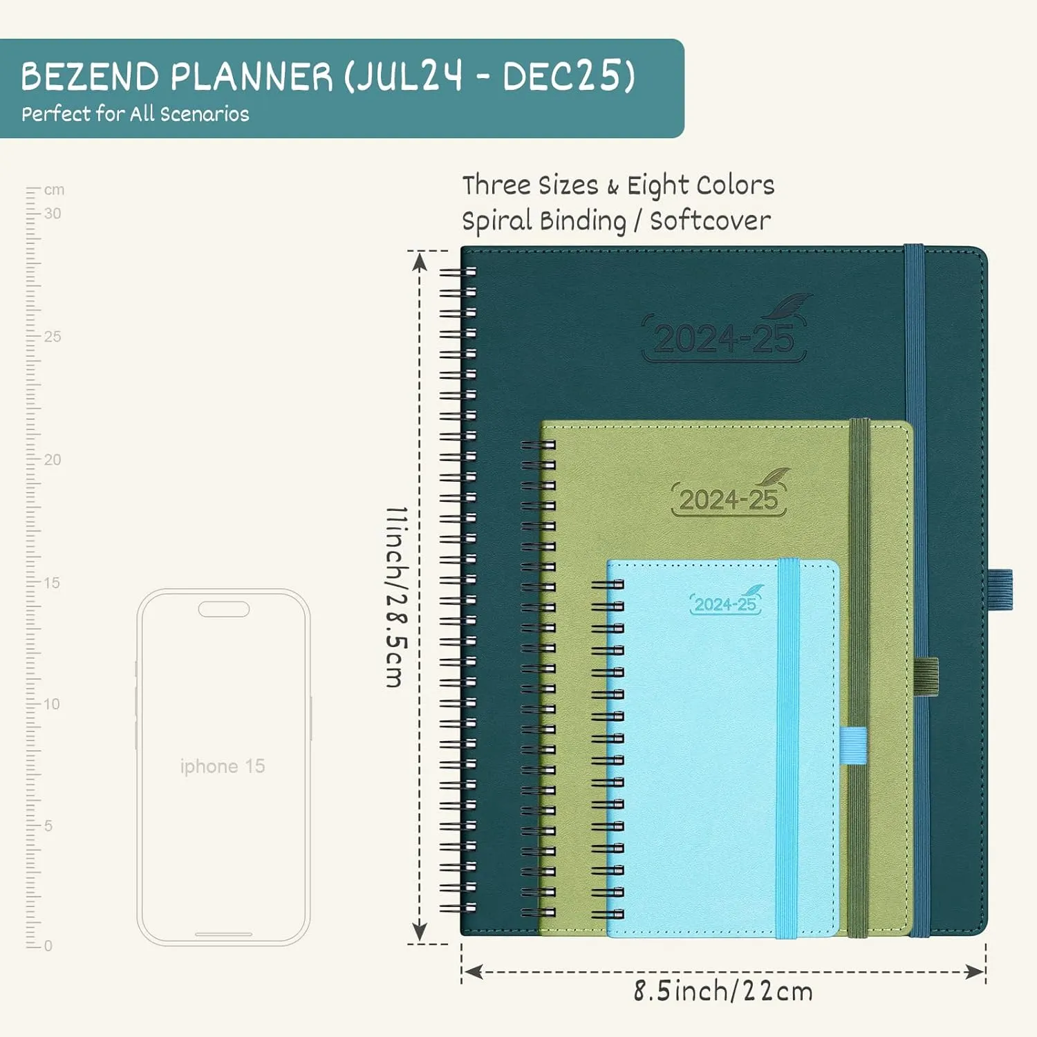BEZEND Planner 2025 Starts from Now, 18 Months (July24-Dec25) [Sky Blue] 8.5" x 11", Academic Year Planner, Daily Weekly and Monthly Calendar, Spiral Bound, Vegan Leather Soft Cover