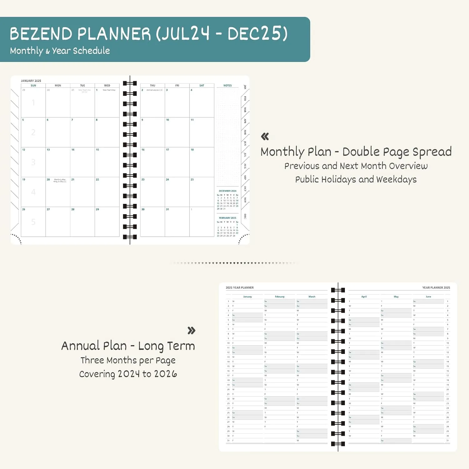 BEZEND Planner 2025 Starts from Now, 18 Months (July24-Dec25) [Sky Blue] 8.5" x 11", Academic Year Planner, Daily Weekly and Monthly Calendar, Spiral Bound, Vegan Leather Soft Cover