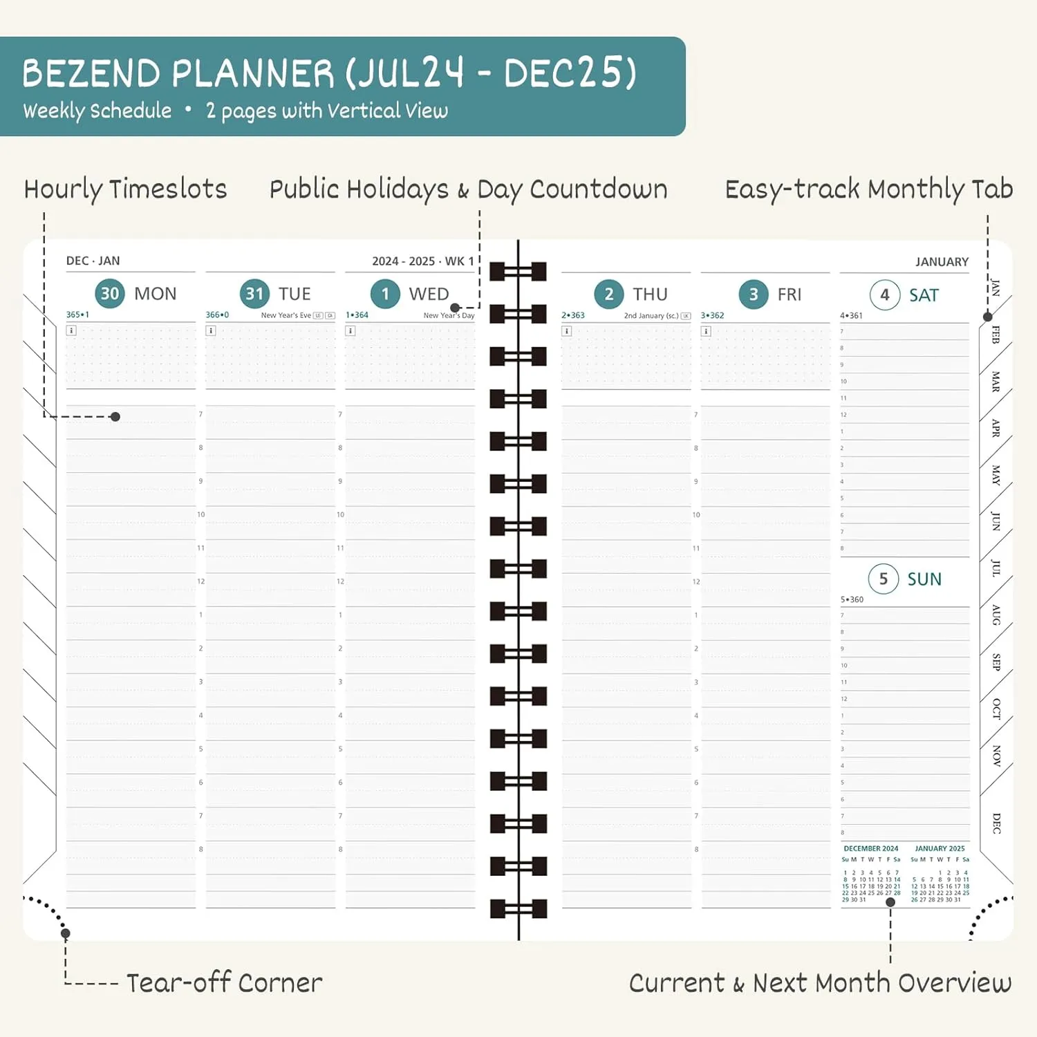 BEZEND Planner 2025 Starts from Now, 18 Months (July24-Dec25) [Sky Blue] 8.5" x 11", Academic Year Planner, Daily Weekly and Monthly Calendar, Spiral Bound, Vegan Leather Soft Cover