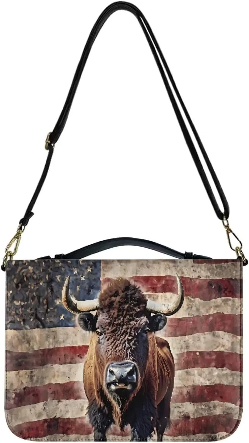 Bible Cover Case with Shoulder Strap for Women Men American Flag Bison Print Book Carrying Case Church Bible Bag Scripture Protector Book Organizer for Prayer Study, M