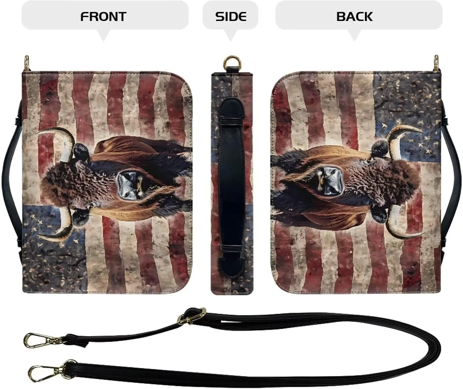 Bible Cover Case with Shoulder Strap for Women Men American Flag Bison Print Book Carrying Case Church Bible Bag Scripture Protector Book Organizer for Prayer Study, M