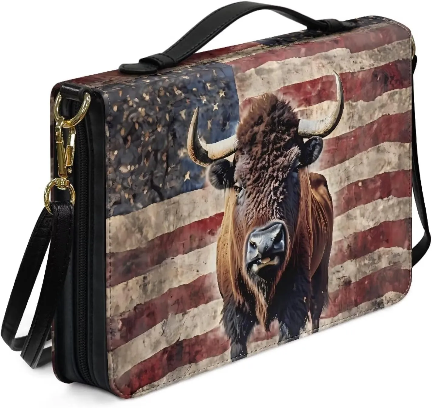 Bible Cover Case with Shoulder Strap for Women Men American Flag Bison Print Book Carrying Case Church Bible Bag Scripture Protector Book Organizer for Prayer Study, M