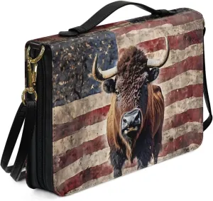 Bible Cover Case with Shoulder Strap for Women Men American Flag Bison Print Book Carrying Case Church Bible Bag Scripture Protector Book Organizer for Prayer Study, M