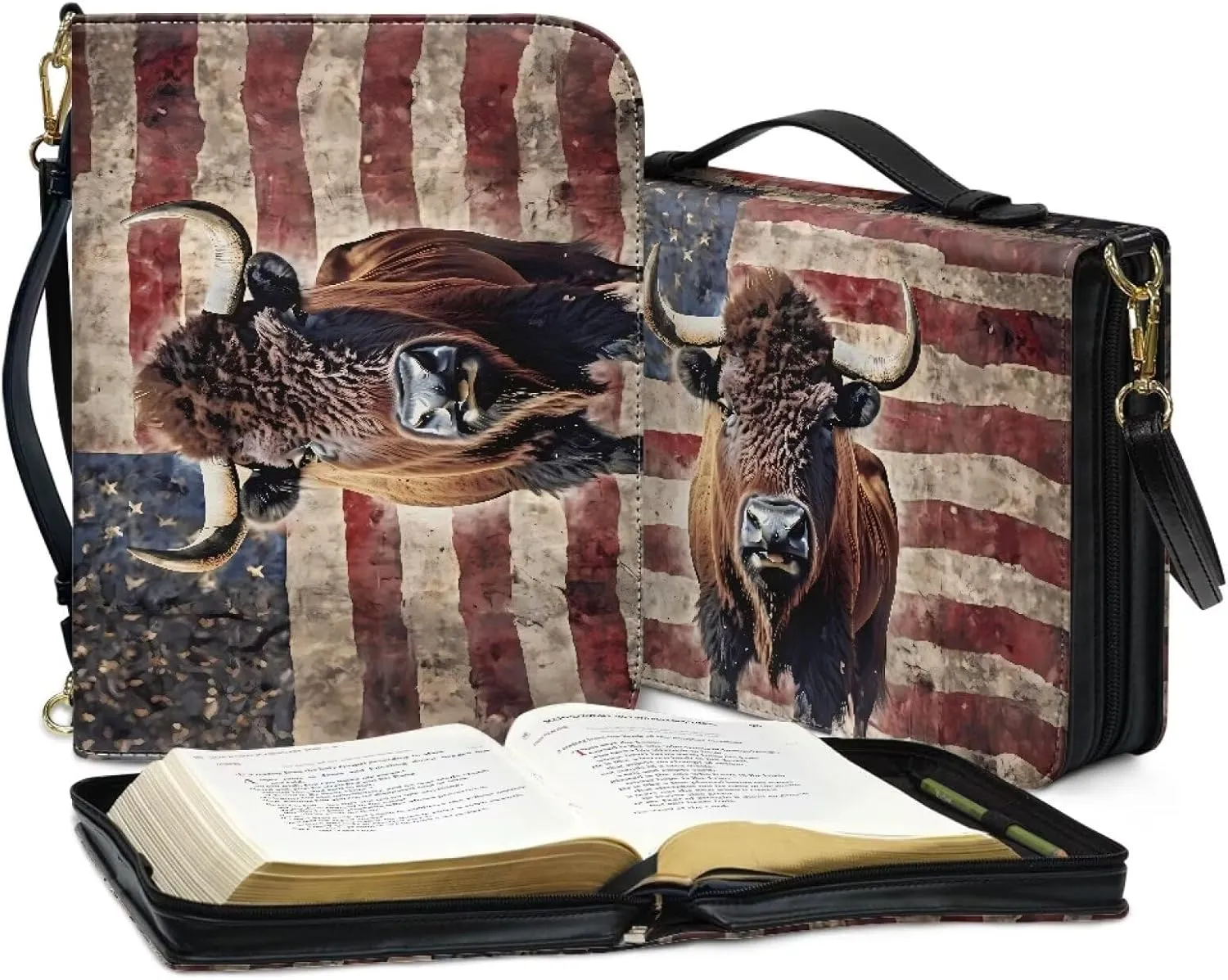 Bible Cover Case with Shoulder Strap for Women Men American Flag Bison Print Book Carrying Case Church Bible Bag Scripture Protector Book Organizer for Prayer Study, M