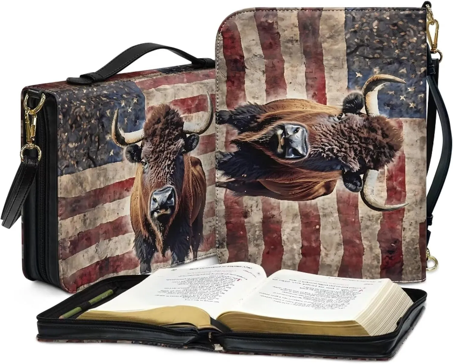 Bible Cover Case with Shoulder Strap for Women Men American Flag Bison Print Book Carrying Case Church Bible Bag Scripture Protector Book Organizer for Prayer Study, M
