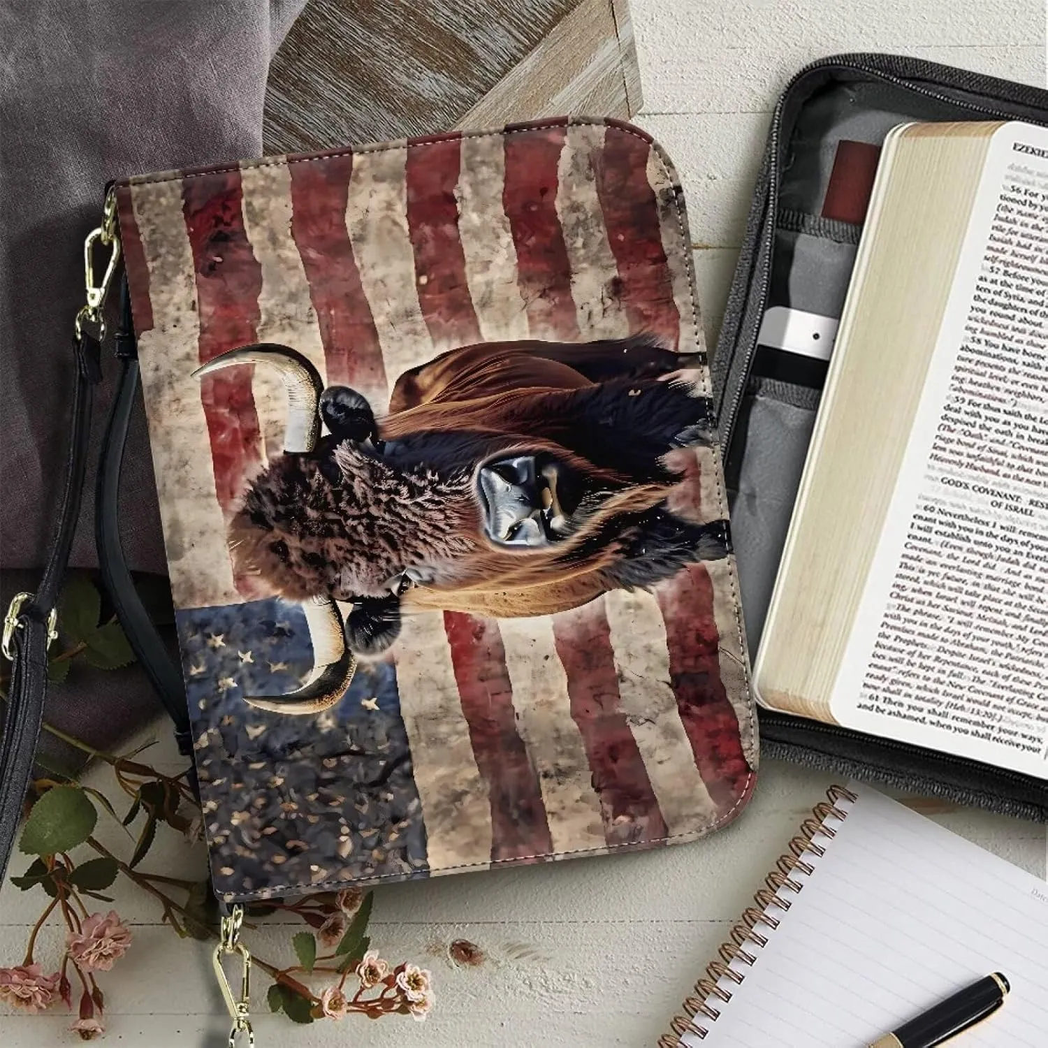 Bible Cover Case with Shoulder Strap for Women Men American Flag Bison Print Book Carrying Case Church Bible Bag Scripture Protector Book Organizer for Prayer Study, M