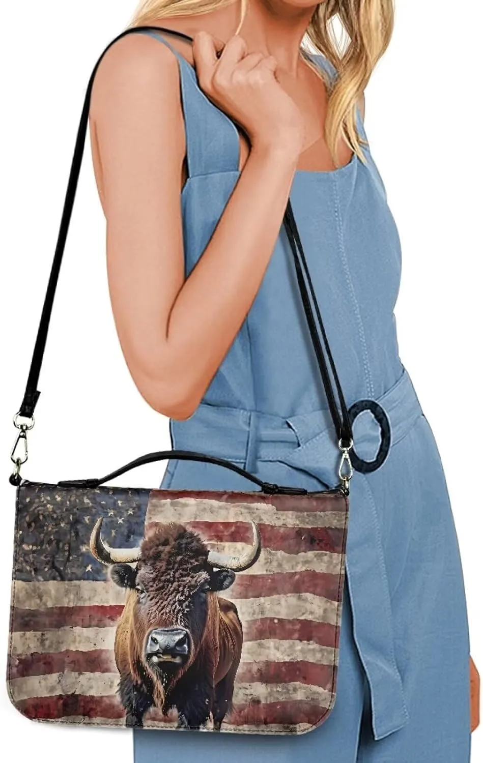 Bible Cover Case with Shoulder Strap for Women Men American Flag Bison Print Book Carrying Case Church Bible Bag Scripture Protector Book Organizer for Prayer Study, M