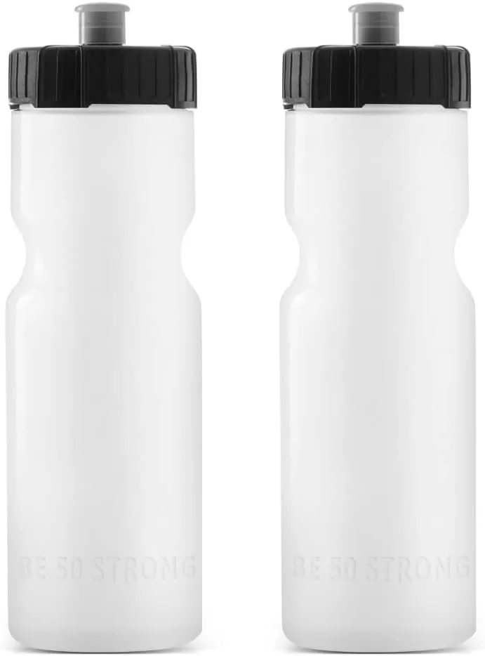 Bike Water Bottle Holder & Bottle Combo – 2-Pack 22 oz Sports Squeeze Bottles with Pull Top Cap & Easy-Install Bike Cage – Made in USA – 50 Strong Brand