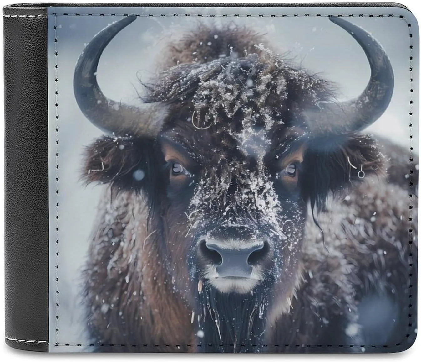 Bison Snowstorm Bifold Wallet PU Leather Pocket Wallet Fashion Slim Purse with Card Holders for Men Women