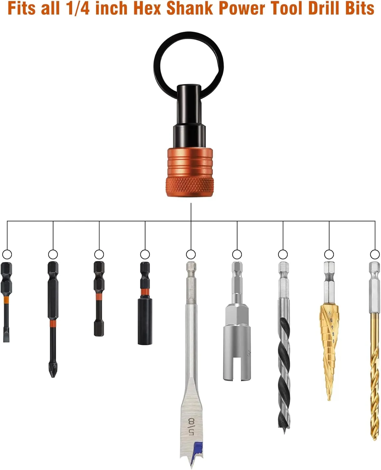 Bit Holder Key Chain 12 Pcs Set, 1/4 inch Socket Hex Shank Bit Holders Keychain for Impact Drills Nut Driver, Quick Release Screwdriver Extension Tool with Carabiner, Tools Gifts for Men (Orange)