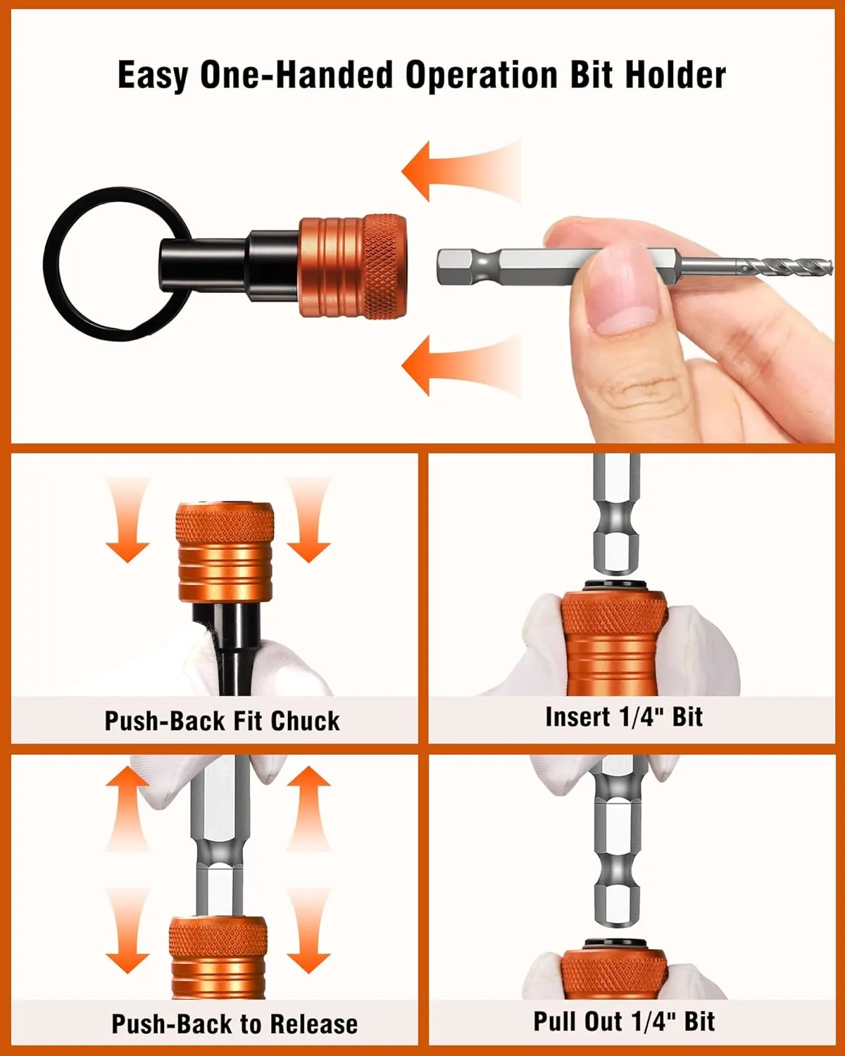 Bit Holder Key Chain 12 Pcs Set, 1/4 inch Socket Hex Shank Bit Holders Keychain for Impact Drills Nut Driver, Quick Release Screwdriver Extension Tool with Carabiner, Tools Gifts for Men (Orange)