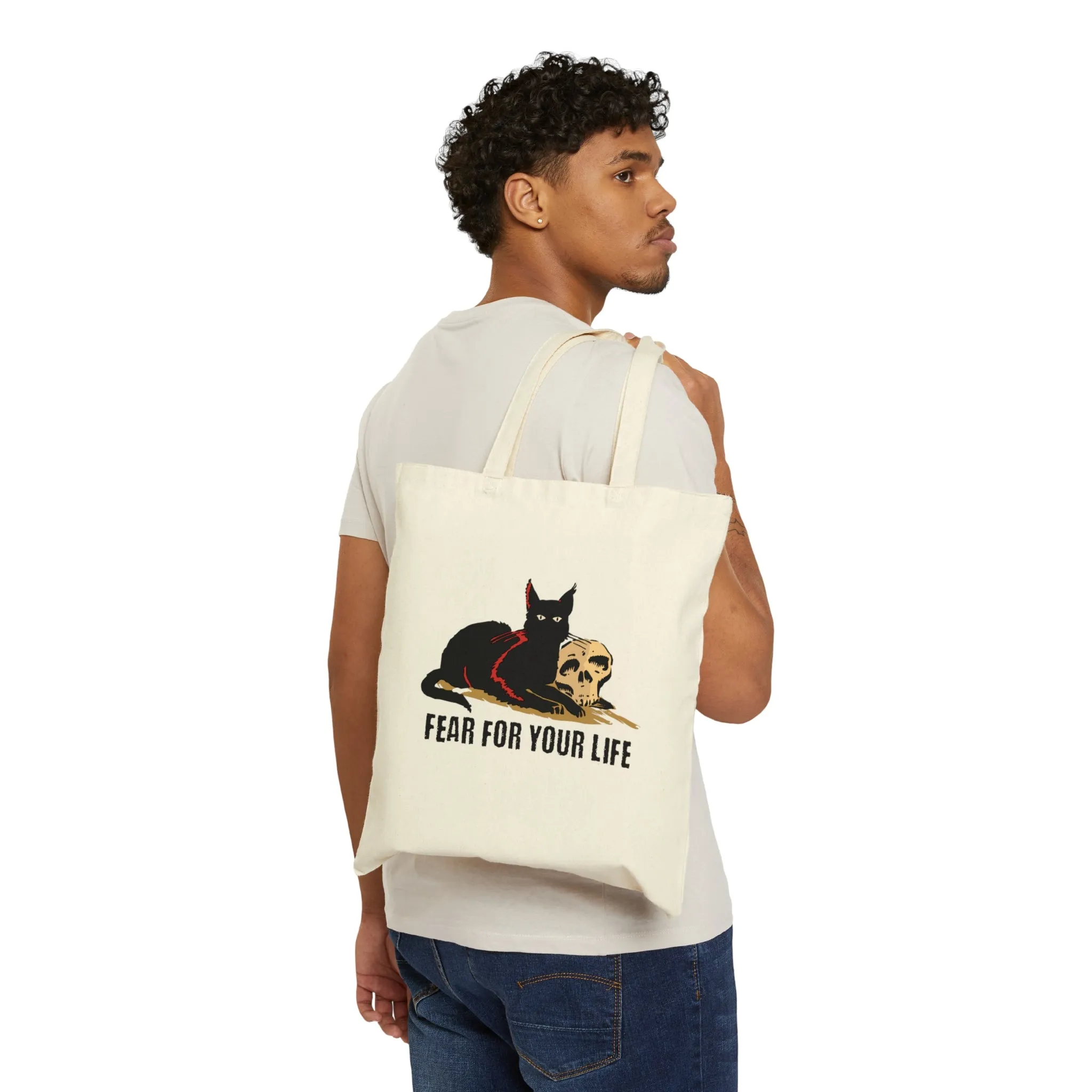 Black Cat Says Fear For Your Life Cotton Canvas Tote Bag