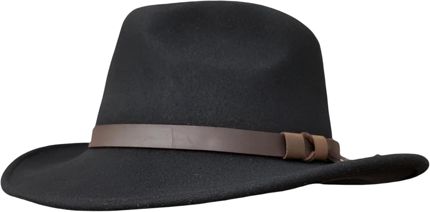 Black Crushable Wool Felt Fedora Outback Western Outdoor Montana Hat