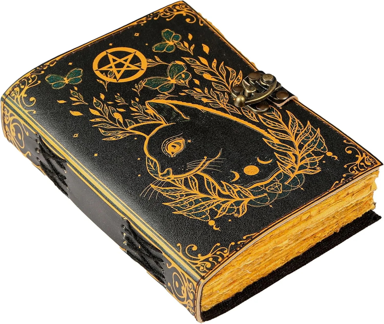 Blank Spell Book of Shadows Journal Little Witch Cat Printed Witchcraft Supplies Wiccan Notebook Handmade Vintage Deckle Paper Grimoire Journal Leather Sketchbook, Drawing Journal (7 X 5)