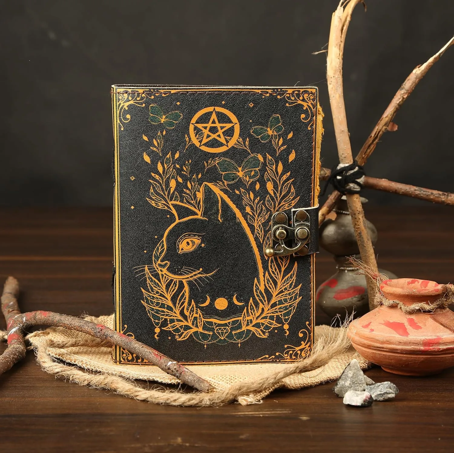 Blank Spell Book of Shadows Journal Little Witch Cat Printed Witchcraft Supplies Wiccan Notebook Handmade Vintage Deckle Paper Grimoire Journal Leather Sketchbook, Drawing Journal (7 X 5)