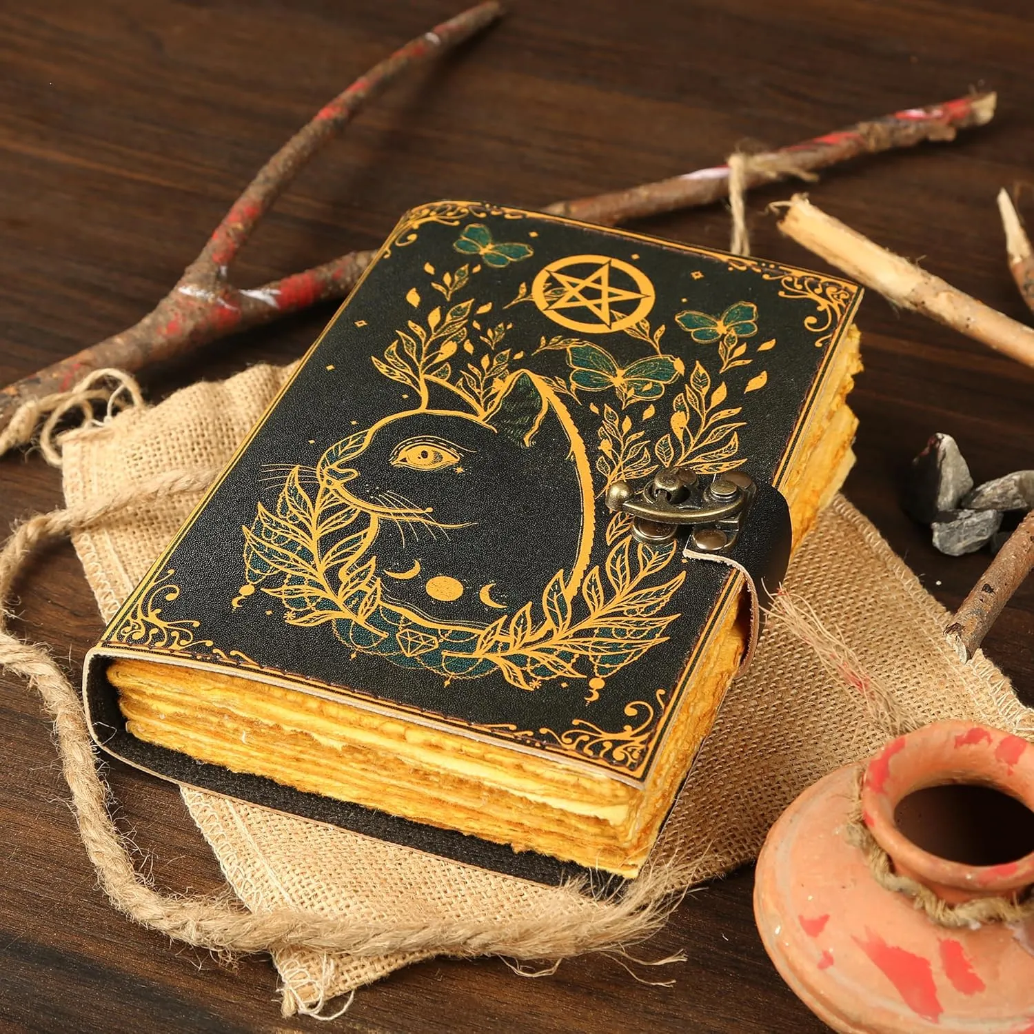 Blank Spell Book of Shadows Journal Little Witch Cat Printed Witchcraft Supplies Wiccan Notebook Handmade Vintage Deckle Paper Grimoire Journal Leather Sketchbook, Drawing Journal (7 X 5)