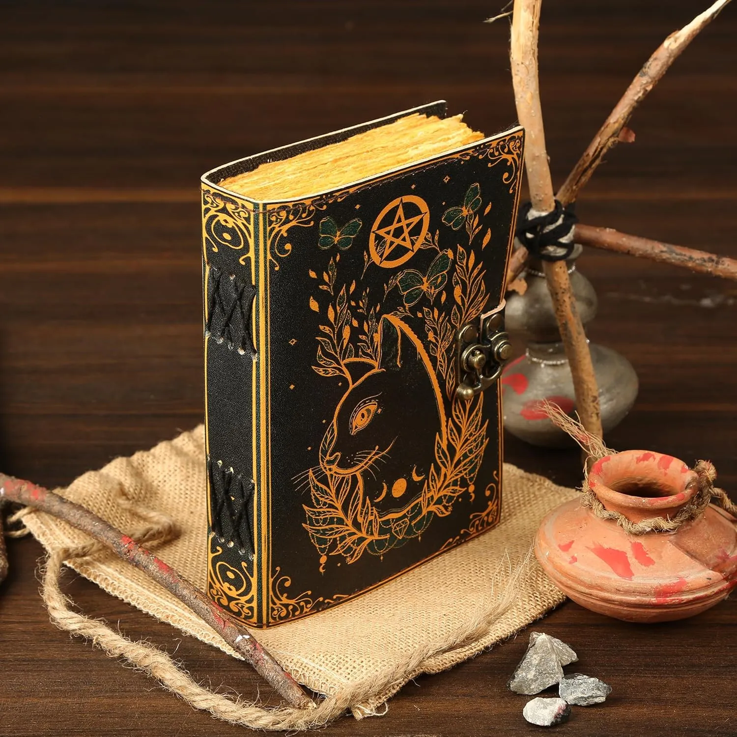 Blank Spell Book of Shadows Journal Little Witch Cat Printed Witchcraft Supplies Wiccan Notebook Handmade Vintage Deckle Paper Grimoire Journal Leather Sketchbook, Drawing Journal (7 X 5)