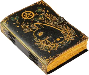 Blank Spell Book of Shadows Journal Little Witch Cat Printed Witchcraft Supplies Wiccan Notebook Handmade Vintage Deckle Paper Grimoire Journal Leather Sketchbook, Drawing Journal (7 X 5)