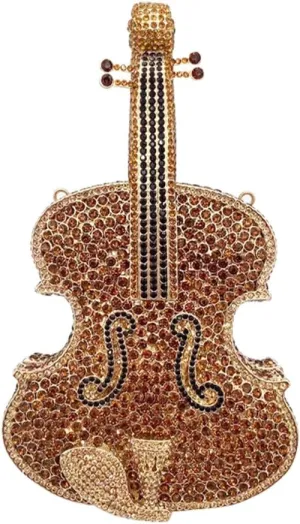 Bling Crossbody Purses and Handbags Rhinestone Diamond Clutch Purses for Women Shoulder Bag for Wedding Violin Gold Coffee
