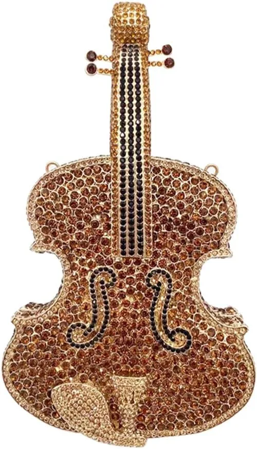Bling Crossbody Purses and Handbags Rhinestone Diamond Clutch Purses for Women Shoulder Bag for Wedding Violin Gold Coffee