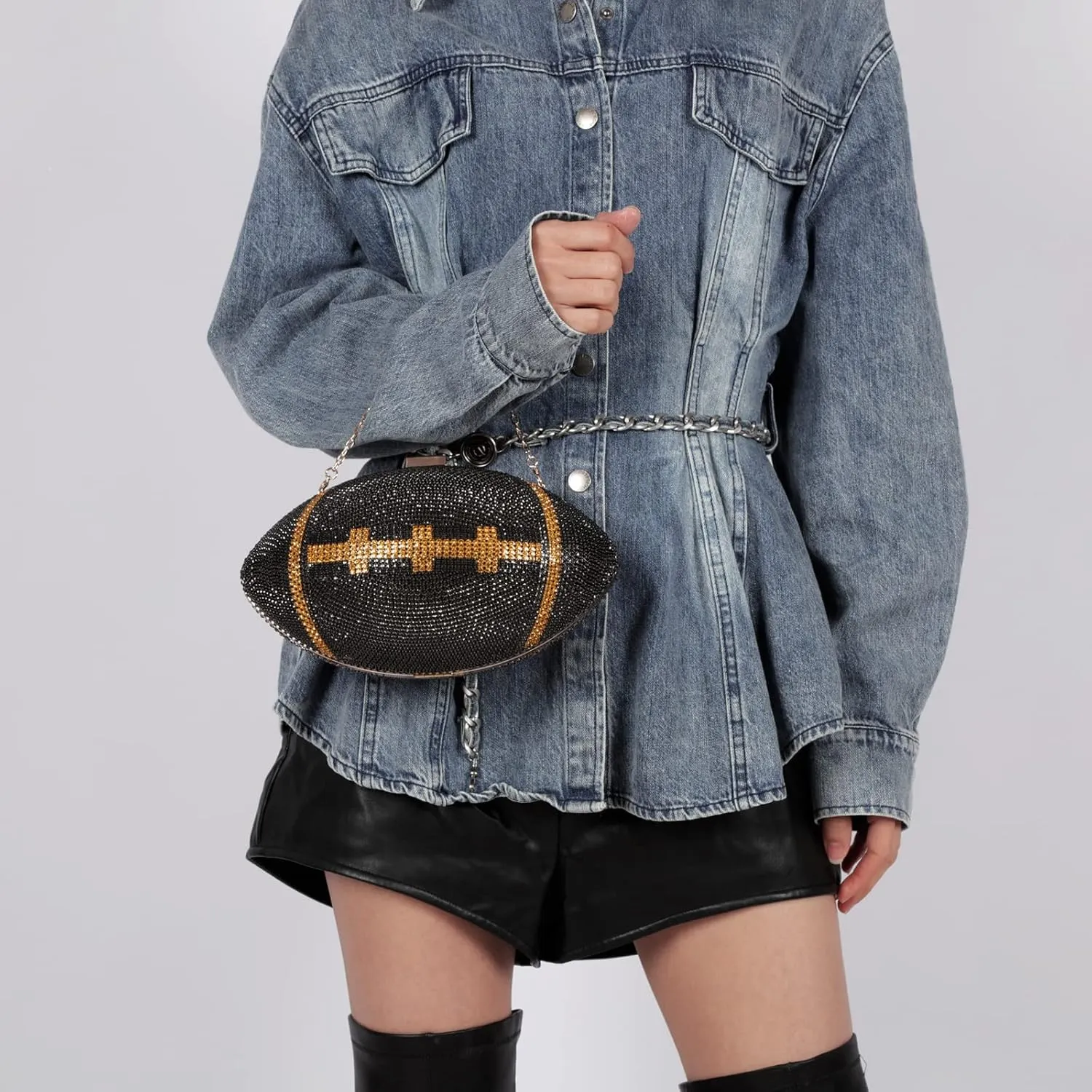 Bling Rhinestone Football Shaped Rugby Quirky Bag Purse Shoulder Handbag with Crystal for Women Girls