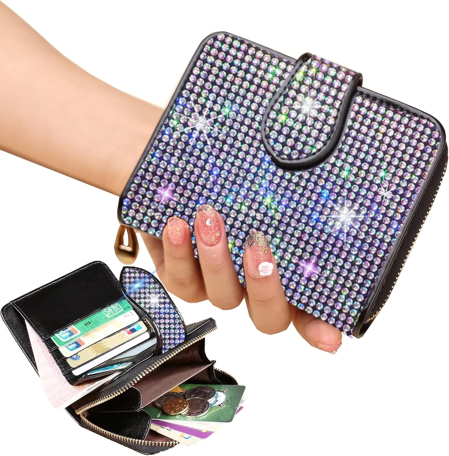Bling Rhinestone Small Womens Wallet Girls Clutch Artificial Diamond Purse Credit Card ID Coin Holder W/Zipper Colorful