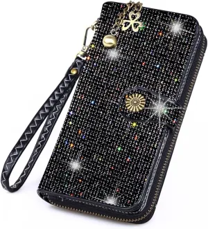 Bling Rhinestone Womens Wallet Wristlet Clutch Handbags Sunflower Lucky Purse Credit Card Holder Large Capacity